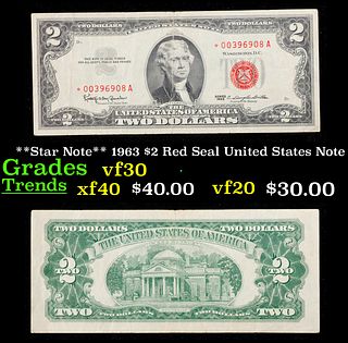 **Star Note** 1963 $2 Red Seal United States Note Grades vf++