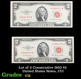 Lot of 2 Consecutive 1953 $2 United States Notes, CU! $2 Red Seal United States Note Grades cu
