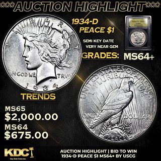 ***Auction Highlight*** 1934-d Peace Dollar $1 Graded Choice+ Unc By USCG (fc)