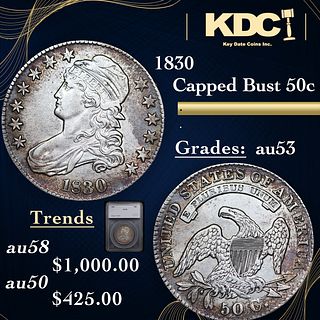 1830 Capped Bust Half Dollar 50c Graded au53 By SEGS