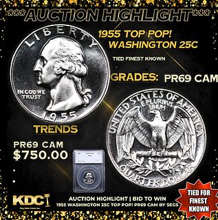 Proof ***Auction Highlight*** 1955 Washington Quarter TOP POP! 25c Graded pr69 cam BY SEGS (fc)