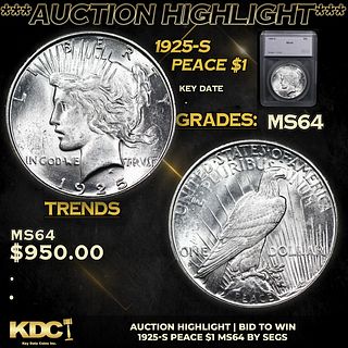 ***Auction Highlight*** 1925-s Peace Dollar $1 Graded ms64 By SEGS (fc)