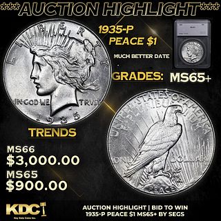 ***Auction Highlight*** 1935-p Peace Dollar $1 Graded ms65+ By SEGS (fc)