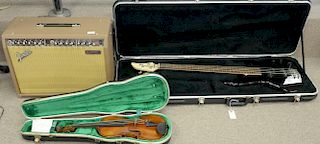 Three piece lot to include Fender Acoustasonic Junior Acoustic guitar amplifier, Yamaha N89 bass guitar, and violin.