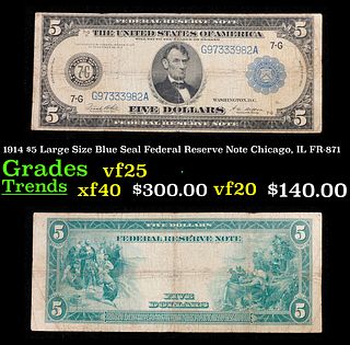 1914 $5 Large Size Blue Seal Federal Reserve Note Chicago, IL Grades vf+ FR-871