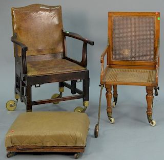 Three piece lot to include caned campaign wheelchair with folding arms and back, a leather upholstered folding campaign wheel