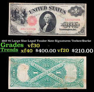1917 $1 Large Size Legal Tender Note Grades vf++ Signatures Teehee/Burke