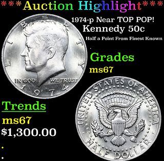 ***Auction Highlight*** 1974-p Kennedy Half Dollar Near TOP POP! 50c Graded ms67 BY SEGS (fc)