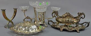 Five silverplated items to include covered tureen (ht. 6in., lg. 13in.), center dish with crystal bowls (ht. 11in.), dresser 