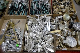 Six box lots to include Siam flatware set with wood handles, Thailand flatware, silverplated flatware, silverplated bee boxes