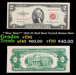 **Star Note** 1953 $2 Red Seal United States Note Grades vf++