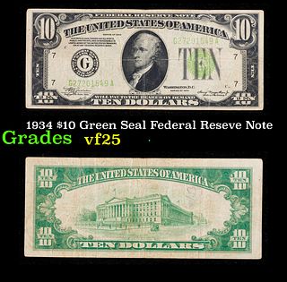 1934 $10 Green Seal Federal Reseve Note Grades vf+