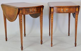 Pair of mahogany Pembroke table with bell flower inlay and leather top. ht. 29in., top: 19" x 28"