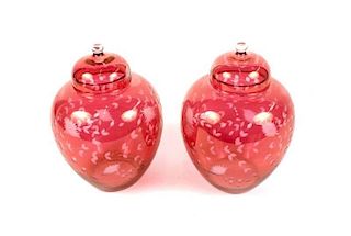 Pair of Cranberry Glass Cut to Clear Lidded Jars