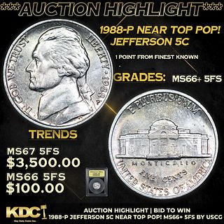 ***Auction Highlight*** 1988-p Jefferson Nickel Near TOP POP! 5c Graded ms66+ 5fs BY USCG (fc)