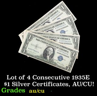Lot of 4 Consecutive 1935E $1 Silver Certificates, AU/CU! $1 Blue Seal Silver Certificate Grades au/cu