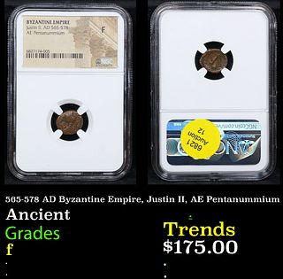 NGC 565-578 AD Byzantine Empire, Justin II, AE Pentanummium Ancient Graded f By NGC
