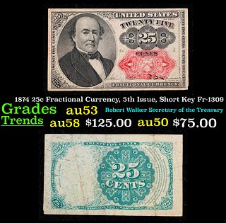 1874 25c Fractional Currency, 5th Issue, Short Key Fr-1309  Grades Select AU