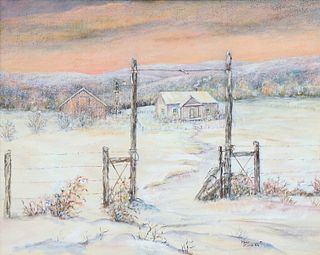 MARY HUDGINS (TX) PAINTING WINTER HOMESTEAD, 16" X 20"