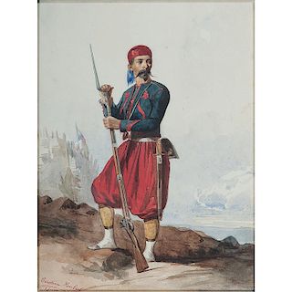 Crimean War-Period Watercolor, Armed Zouave by Caroline Hubert