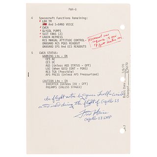 Apollo 13 Flown LM Contingency Checklist Page with In-Flight Notations by Jim Lovell and Fred Haise