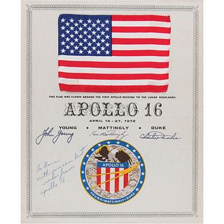 Apollo 16 Flown Flag with Crew-Signed Certificate