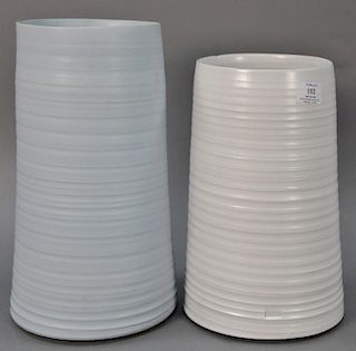 Two large Chinese Middle Kingdom porcelain cylindrical vases, marked on bottom with six character marks and MK Bo Jia. 13 1/2