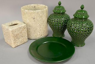 Four Two's Company green pierced covered porcelain lantern jar (ht. 12in.), Labrazel bathroom waste basket (ht. 11in.) and ti