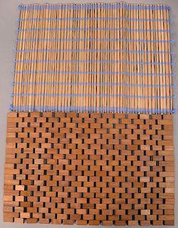 Set of 14 slatted teak wood placemats along with straw placemats. 12" x 18"