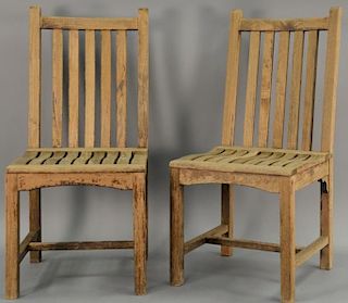 Kingsley & Bate seat of seven teak slat back side chairs (three chairs loose).