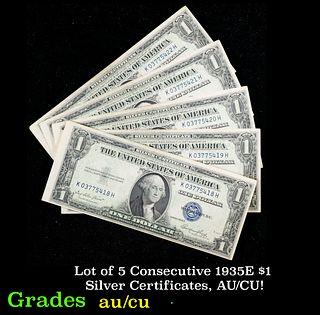 Lot of 5 Consecutive 1935E $1 Silver Certificates, AU/CU! $1 Blue Seal Silver Certificate Grades au/cu