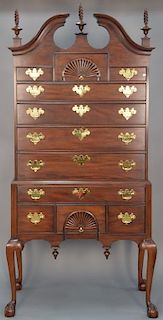 Henkel Harris Chippendale style mahogany highboy with broken arch top and ball and claw feet. ht. 86in., wd. 39in., dp. 20 1/