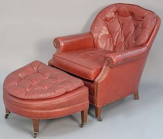 Hickory craft red leather tufted club chair with ottoman.