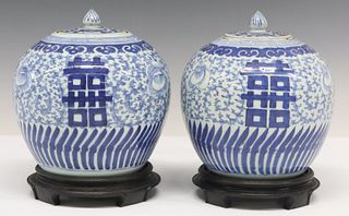(2) CHINESE BLUE & WHITE PORCELAIN COVERED MELON JARS ON STANDS