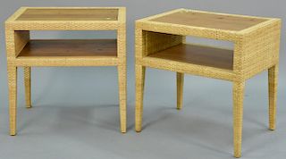 Pair of Milling Road pine and caned end tables with open shelf having Milling Road Division of Baker tag. ht. 26in, top: 20" 