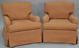 Pair of Henredon custom Folio Collection club chairs with red and tan striped upholstery.