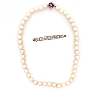 Platinum Deco Diamond Bar Pin with Ruby & Pearl Necklace