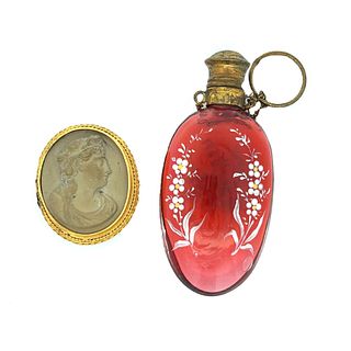 14k Gold Lava Cameo and Victorian Moser Painted Chatelaine Perfume Bottle