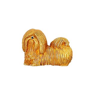 18K Gold Sapphire Lhasa Apso Dog Brooch / Pin