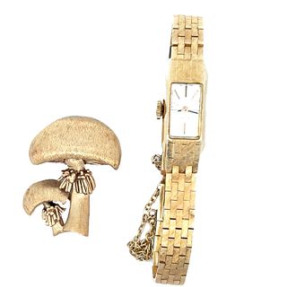 Two Piece 14K yellow gold Mushroom Pin and Ladies Glycine wristwatch
