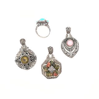 Four-piece designer signed Sarda Sterling Silver Gemstone Pendant Ring