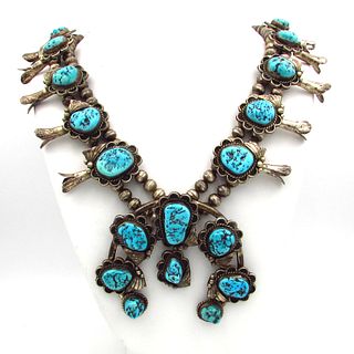 Navajo Signed Numbered Sterling silver Turquoise Squash Blossom Necklace