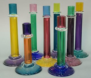 Set of eight Chatham art glass candlesticks.