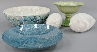Five piece group to include global views ceramic glazed bowl (dia. 14 1/2in.), Juliska berry and thread footed compote (ht. 7