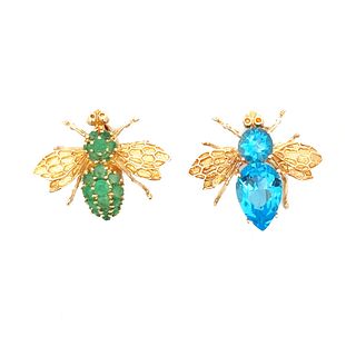 Two 14K Gold Blue Topaz & Emerald Bee Pins