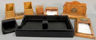 Two leather desk sets including a tan three piece set, possibly Maitland Smith (letter holder: ht. 7in., lg. 10in.) and a thr