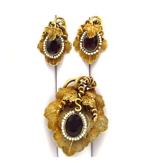 Antique Victorian 14K Gold Garnet Pearl Pin Earring Box