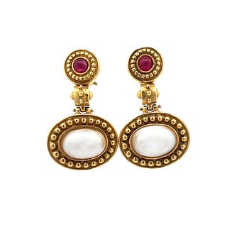 18K Yellow Gold Ruby and Mabe Pearl Pendant Earrings