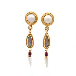 22K & 14K Gold Artist Signed Boulder Opal Pearl Earrings
