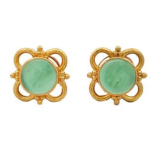 Elizabeth Locke 19K Gold Green Glass Intaglio Earrings
